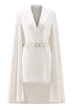 White Satin Peak Lapel Short Work Blazer Dress with Cape