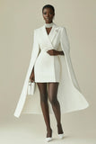 White Satin Peak Lapel Short Work Blazer Dress with Cape
