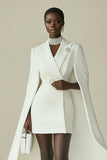 White Satin Peak Lapel Short Work Blazer Dress with Cape