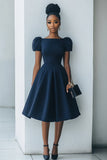 Navy Midi A Line Satin Short Sleeves Work Dress