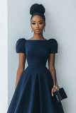 Navy Midi A Line Satin Short Sleeves Work Dress