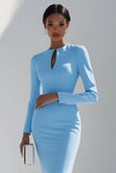 Bodycon Sky Blue Satin Keyhole Short Work Dress