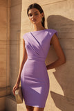 Purple Short Bodycon Cap Sleeves Satin Ruched Work Dress