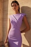 Purple Short Bodycon Cap Sleeves Satin Ruched Work Dress