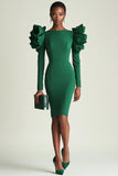 Dark Green Satin Bodycon Midi Work Dress with Long Sleeves