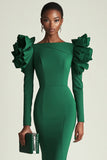 Dark Green Satin Bodycon Midi Work Dress with Long Sleeves