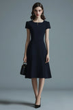 Navy Midi A Line Satin Work Dress with Short Sleeves
