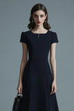 Navy Midi A Line Satin Work Dress with Short Sleeves
