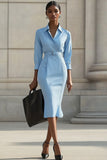 Midi Sky Blue Bodycon Satin Long Sleeve Work Blazer Dress
