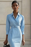 Midi Sky Blue Bodycon Satin Long Sleeve Work Blazer Dress