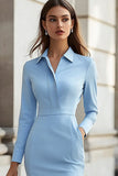 Sky Blue Collar Neck Bodycon Short Work Blazer Dress with Pockets