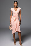 V-Neck Bodycon Satin Light Pink Short Work Dress with Ruffles