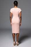 V-Neck Bodycon Satin Light Pink Short Work Dress with Ruffles