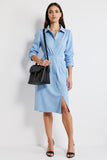 A Line Collar Neck Blue Long Sleeves Midi Work Shirt Dress with Slit