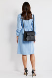 A Line Collar Neck Blue Long Sleeves Midi Work Shirt Dress with Slit