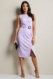 Purple Ruched Midi Satin Bodycon Work Dress with Slit