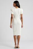 Midi White Bodycon Satin Short Sleeves Work Blazer Dress with Slit