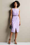 Purple Bodycon Ruched Midi Work Dress with Slit