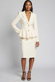 Ivory Peak Lapel Bodycon 2 Piece Midi Business Suits with Ruffles