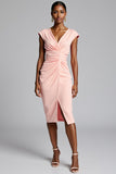Blush V-Neck Ruched Bodycon Midi Work Dress with Slit