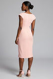 Blush V-Neck Ruched Bodycon Midi Work Dress with Slit