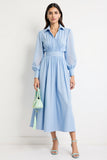 Blue Collar Neck A Line Maxi Work Dress with Sleeves