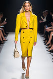 Yellow Peak Lapel Bodycon Midi 2 Piece Business Suits with Slit