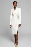 Peak Lapel White Satin Midi Work Blazer Dress with Slit