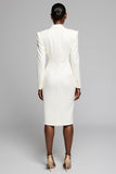 Peak Lapel White Satin Midi Work Blazer Dress with Slit