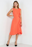 Orange Round Neck Midi Work Dress with Ruffles