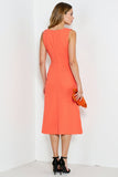 Orange Round Neck Midi Work Dress with Ruffles