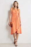 Midi Orange Ruched Bodycon Work Dress with Ruffles