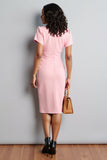 V-Neck Pink Bodycon Ruched Midi Work Dress with Slit