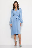V-Neck Blue Pleated Midi Work Dress with Strings