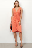 V-Neck Midi Orange Bodycon Work Dress with Ruffles