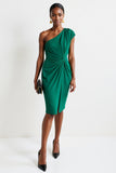 Dark Green One Shoulder Ruched Bodycon Midi Work Dress with Slit