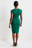 Dark Green One Shoulder Ruched Bodycon Midi Work Dress with Slit