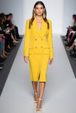 2 Piece Peak Lapel Satin Yellow Midi Business Suits with Slit