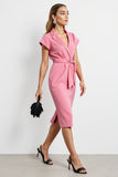 Midi Hot Pink Bodycon Notched Lapel Work Dress with Strings