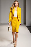 Yellow 2 Piece Peak Lapel Bodycon Midi Business Suits