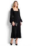 Black Sheath Simple Square Neck Maxi Work Dress with Sleeves