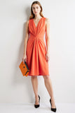 Orange Ruched Bodycon V-Neck Midi Work Dress
