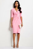 Hot Pink V-Neck Ruched Satin Midi Work Dress with Sleeves