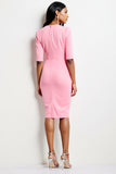 Hot Pink V-Neck Ruched Satin Midi Work Dress with Sleeves