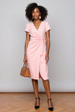 Light Pink V-Neck Satin Midi Work Dress with Sleeves