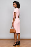 Light Pink V-Neck Satin Midi Work Dress with Sleeves