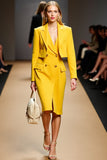 2 Piece Yellow Peak Lapel Double Breasted Satin Midi Business Suits with Slit