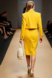 2 Piece Yellow Peak Lapel Double Breasted Satin Midi Business Suits with Slit