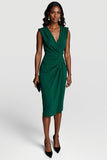 Dark Green V-Neck Bodycon Midi Ruched Satin Work Dress