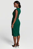 Dark Green V-Neck Bodycon Midi Ruched Satin Work Dress
